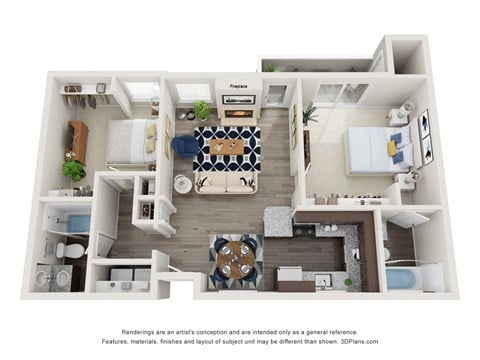 Floor plan for 2 beds, 2 baths, 975 sqft